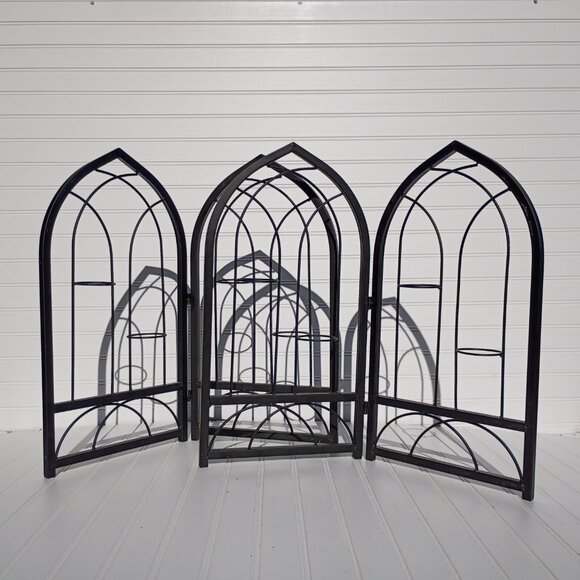 Cathedral Window Votive Candle Holders Gothic Black Wrought Iron Pair Arched Vtg - Picture 3 of 16